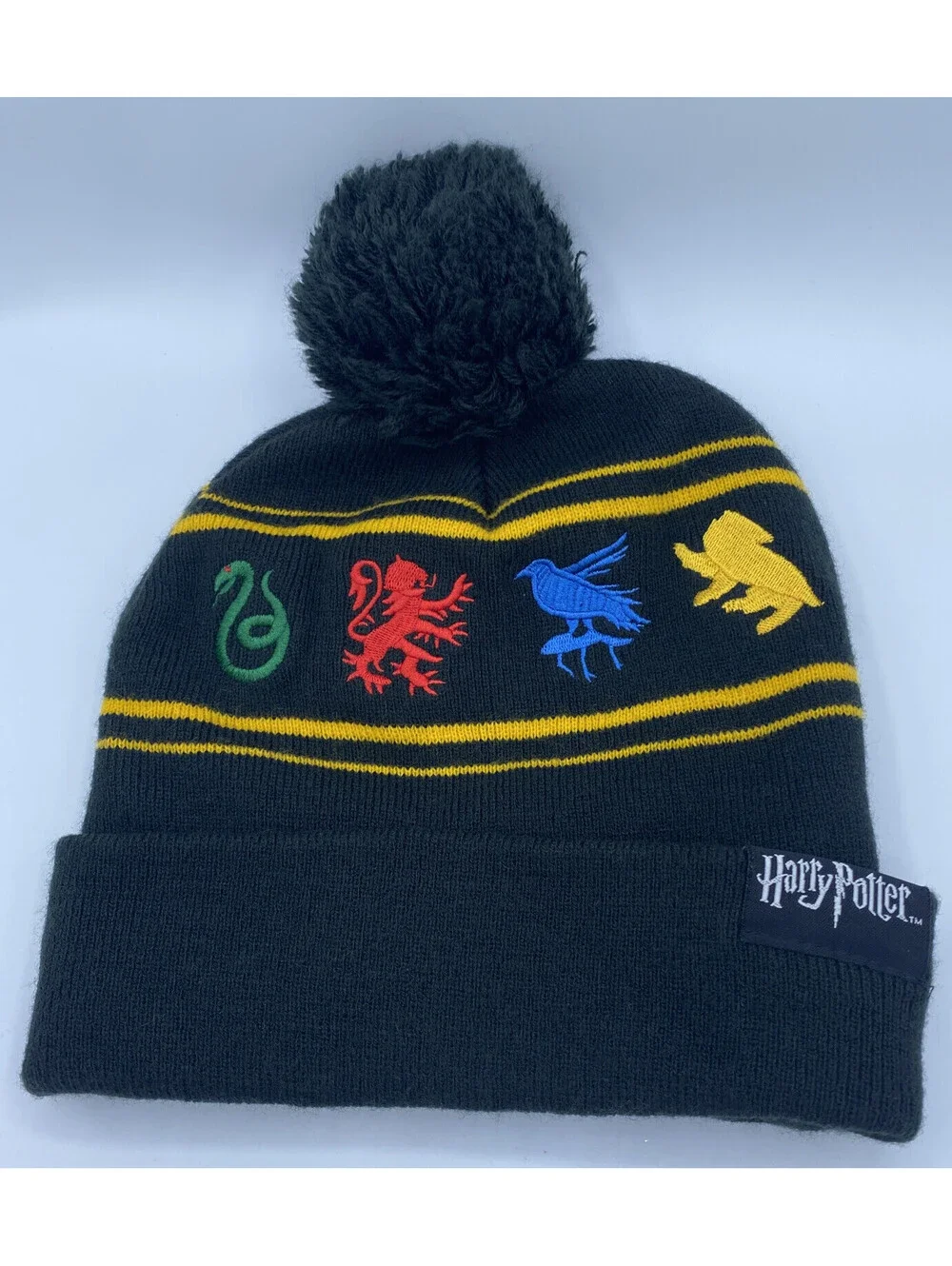 Harry Potter Hogwarts Houses Embroidered Beanie Hat Pom Pom Black